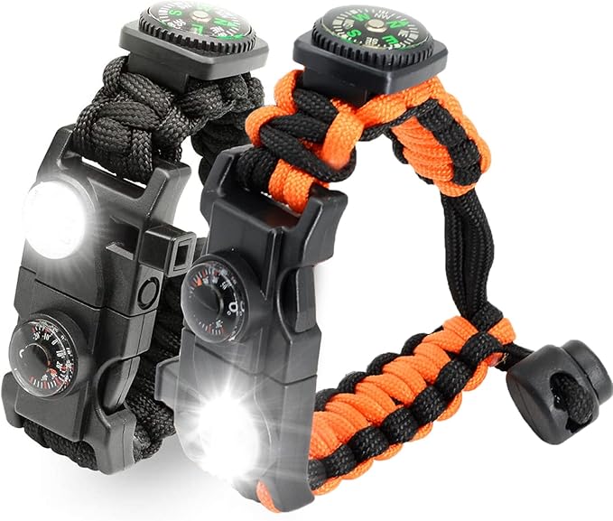 20 in 1 Survival Paracord Bracelet Adjustable Gear Kit with SOS LED Light, Fire Starter, Bigger Compass, Survival Whistle, Perfect for Camping, Hiking, Fishing