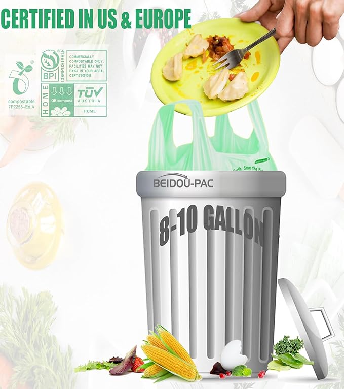 8-10 Gallon Compostable Trash Bags, 60 Count - Kitchen & Food Scrap Waste Bags, Sturdy & Biodegradable, ASTM D6400, US BPI Certified