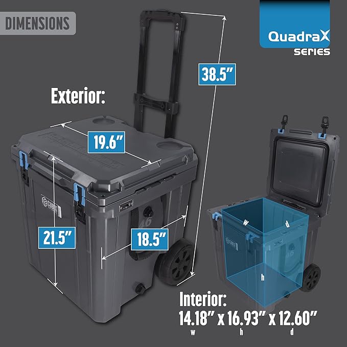 QuadraX 46QT Wheeled Rotomolded Portable Hard Cooler for Camping, Fishing, Beach | Heavy Duty Insulated Ice Chest with Wheels and Handle | Cold Retention 5 Days