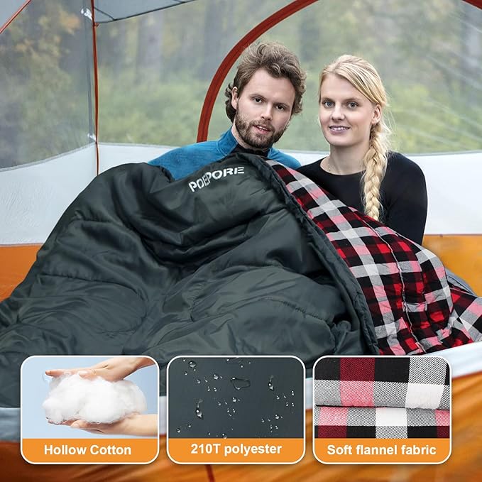 Double Sleeping Bag Flannel for Adults with 2 Pillows 2 Person Sleeping Bags Camping XXL Queen Size Two Person Sleeping Bag for Cold Weather