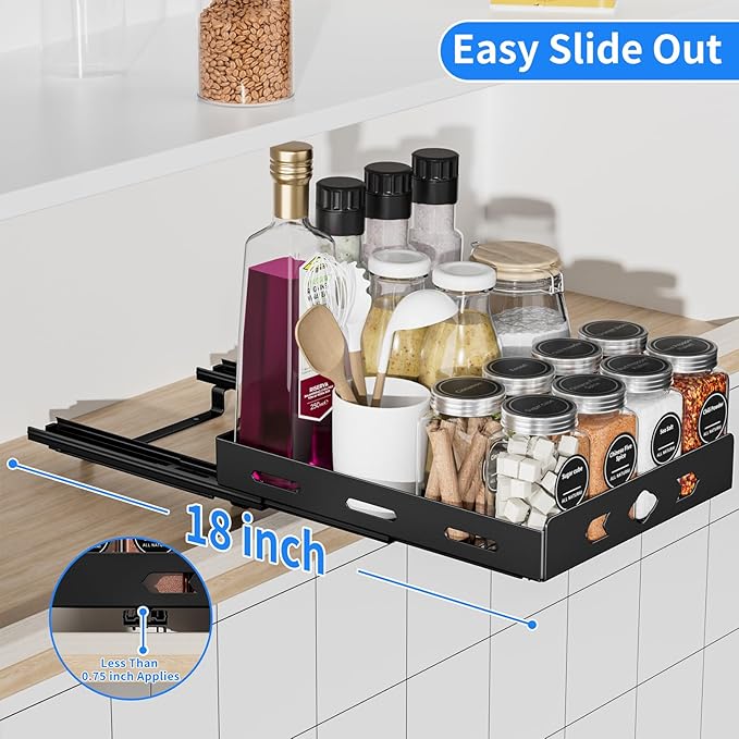 Pull Out Spice Rack, Heavy Duty Spice Rack Organizer, 1 Tier Spice Organization for Cabinet, Vertical Spice Rack for Kitchen, Cabinet, Pantry (8.4''Wx10.5''Dx2.8''H, Metal Black)