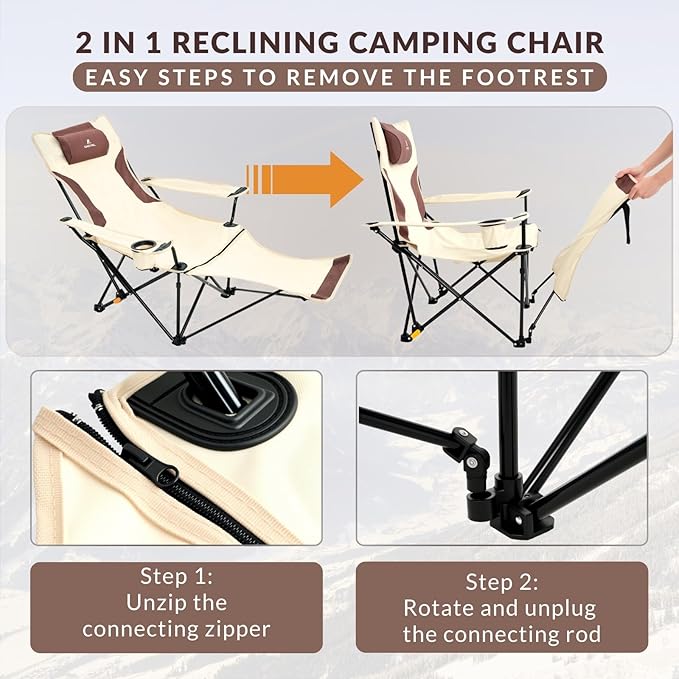 Reclining Camping Chair 4-Position Adjustable, Lightweight Folding Lounge Beach Chair for Adults with Removable Footrest & Headrest, Cup Holder & Storage Pouch for Outdoor(330lbs Capacity), Beige