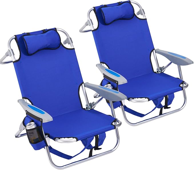 2 Pack Lightweight Portable Camping Beach Chair for Adults, Outdoor Lay Flat Folding Beach Chairs with 5 Positions, Backpack Beach Chair with Towel Bar, Zipper Pouch, Cup Holder, Blue