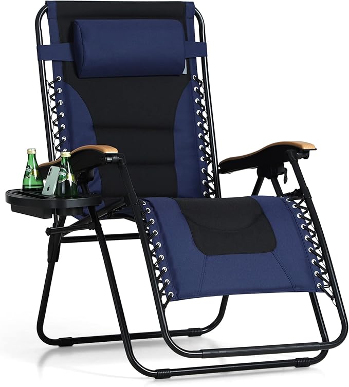 PHI VILLA XXL Oversized Padded Zero Gravity Chair, Foldable Patio Recliner, 30" Wide Seat Anti Gravity Lounger with Cup Holder, Support 400 LBS (Navy Blue)