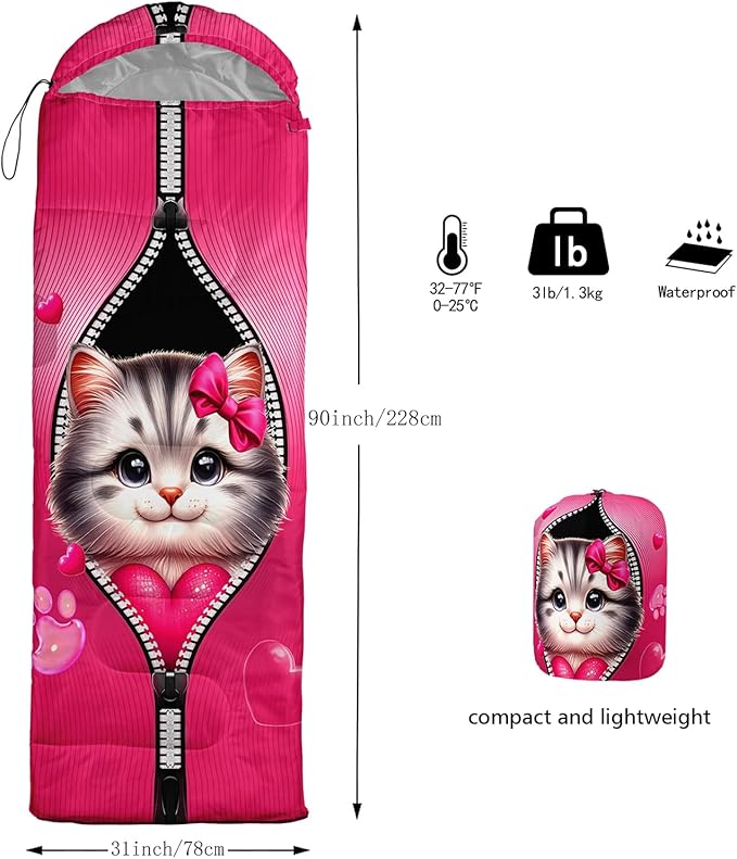 AILONEN Pink Lovely Rabbit Sleeping Bag for Girls Kids Adults,Warm and Cool Weather,Lightweight,Waterproof Backpacking,Cartoon Flowers Printed Bunny Sleeping Bag for Camping
