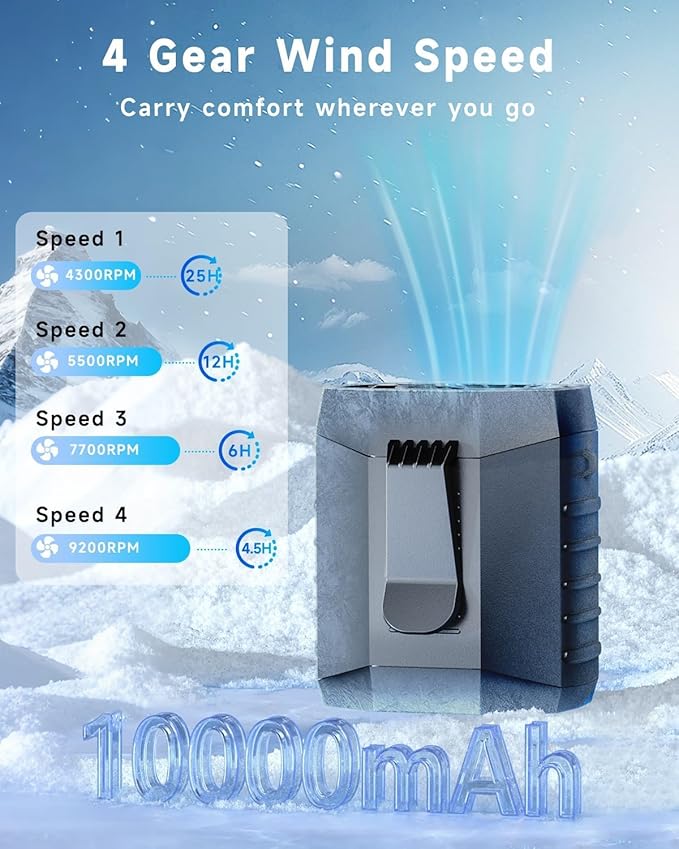 2025 Smart Portable Rechargeable Fan with LED Light & 25H Runtime, 4-Speed 9200RPM Turbo Cooling Personal Waist Fan, Wearable Neck & Belt Clip for Camping, Outdoor, Hiking - Black with Bracket