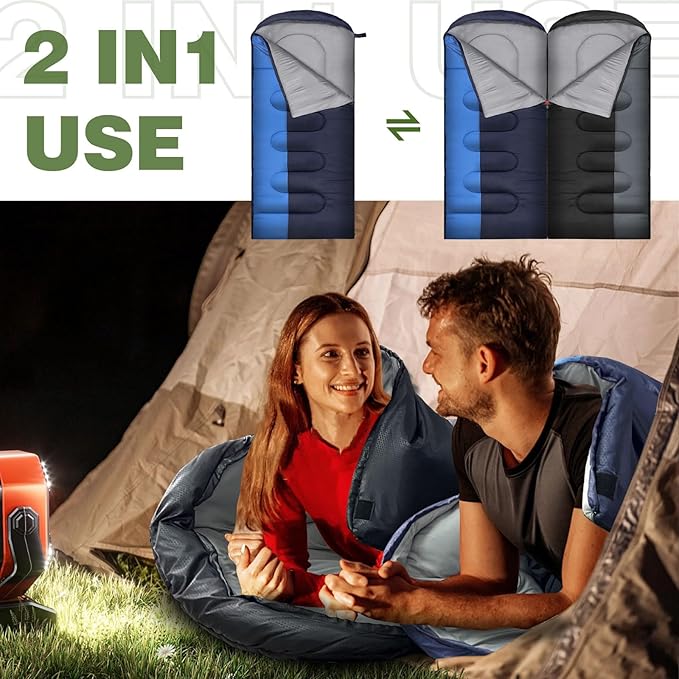 XL 10 Degree Sleeping Bags Waterproof for Adults 350GSM Machine Washable with Compression Sack for 3-4 Season Camping Outdoor