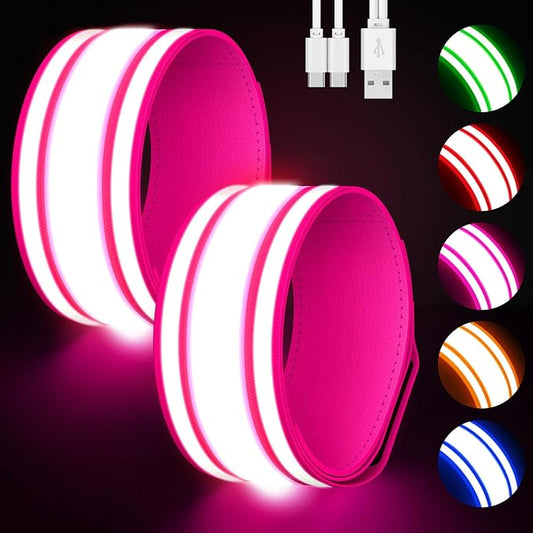 LED Armband for Running 2 Pack, 5 Colors 3 Lights Modes Rechargeable Reflective Light Up Arm Bands, High Visibility Reflective Gear for Running Walking Cycling at Night (Pink)