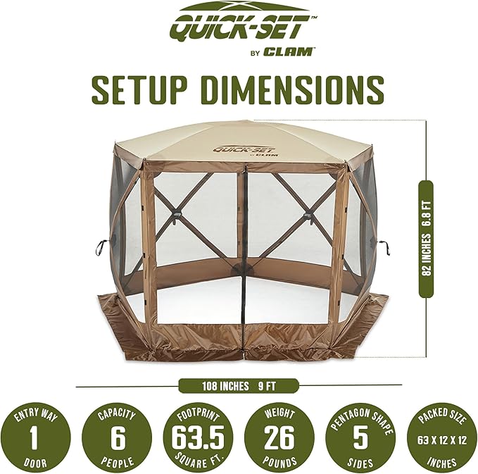 CLAM Pop Up Screen Tent, Outdoor Camping Gazebo Canopy, Venture, 9' x 9', Brown