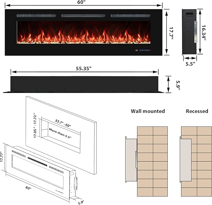 60'' Electric Fireplaces Inserts, Recessed & Wall-Mounted Fireplace Heater with Thermostat, Multicolor Flames,Timer, Log & Crystal, 750/1500W, Black