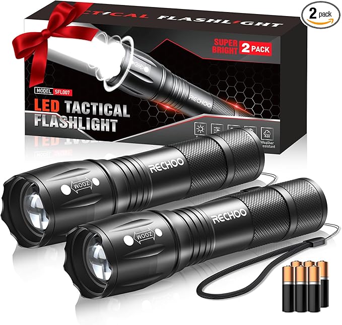 RECHOO LED Flashlight 2 Pack, Tactical Flashlights High Lumens with 3 Modes, Pocket Small Flash Light, Waterproof Zoomable Flashlights for Home Emergency, Camping Essentials (Battery Included)
