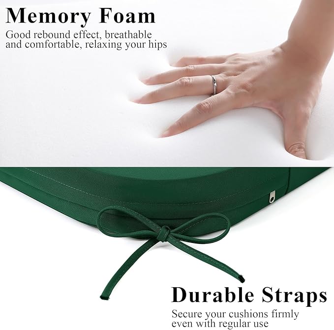 Outdoor Chair Cushions Set of 2, Waterproof Foam Patio Seat Cushions with Ties for Garden Sofa & Dining Furniture, 3-Year Color Fastness, 18x18x3 Inch, Green