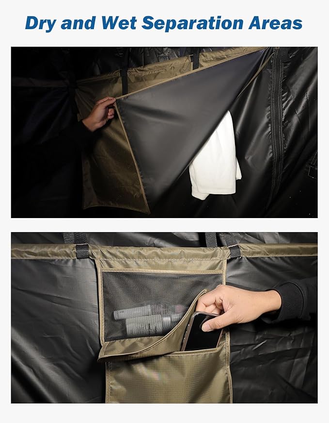 Car Shower Tent with Roof, Full Privacy Protection, Dry and Wet Separation Zones and Pockets, 1000D Waterproof Awning Shower Tent, Heavy-Duty Stakes, Outdoor Shower Enclosure for Overland SUVs