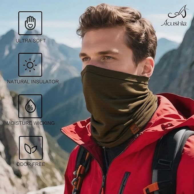 ACUSHLA 100% Merino Wool Neck Gaiter Ski Face Mask Scarf Neck Warmer for Men & Women All Weather