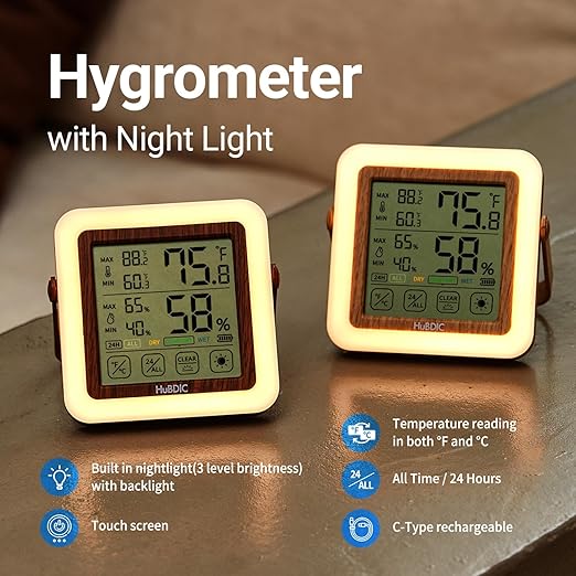HuBDIC HubiBaby Digital Hygrometer Indoor Thermometer Humidity Meter Room Thermometer, Humidity Monitor for Home, Bedroom, Baby Room, Office, Greenhouse, Cellar, Portable Nightlight (Light Wood)