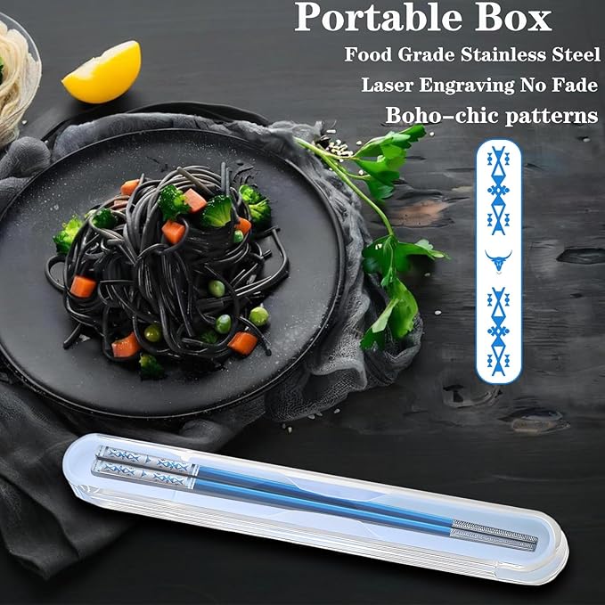 Metal Chopsticks Reusable 1 Pair Stainless Steel Travel Chopsticks Dishwasher Safe Square Lightweight Non-Slip Chop Sticks with case(Blue)