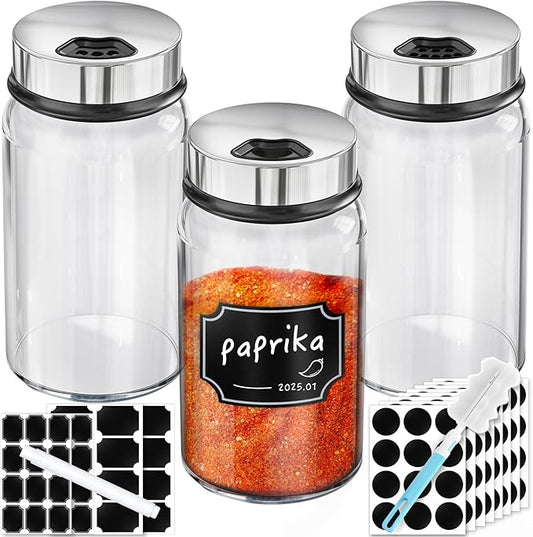 Segarty Spice Jars Set, 3 Pack 6 oz Glass Spice Jar with Labels, Seasoning Bottles Set with 136 Blank Stickers, 1 Chalk Marker, 1 Brush, Salt and Pepper Shakers with Ajustable Holes Lids