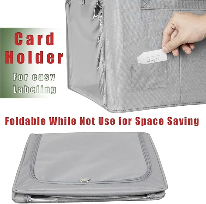 Clothes Storage Box Bins Stackable Foldable Organizer with Metal Frame for Clothing Bedding Shelves,Closet Container with Clear Window Zipper and Label Holder (Gray,Small-40L x3 Pack)