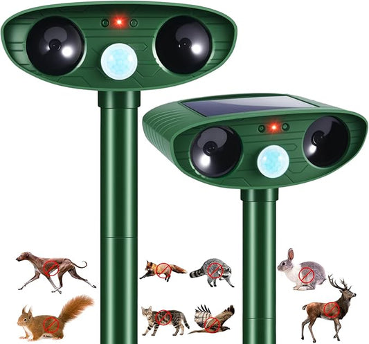 2 Pack 2025 Ultrasonic Solar Animal Repellent Outdoor,Squirrel Fortress Pro Deer Repellent Devices Motion Detection, Waterproof Cat Mouse Raccoon Dog Rabbit Deterrent for Garden Yard
