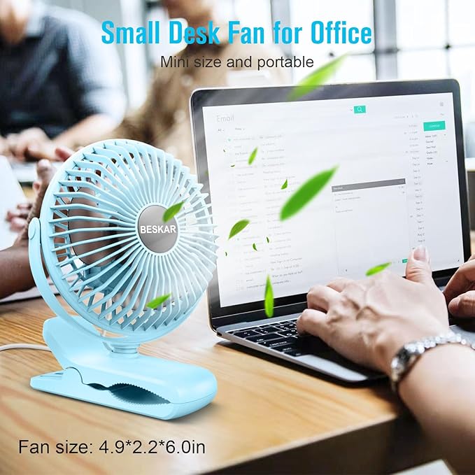 BESKAR Clip on Fan, Portable Small Desk Fans with Strong Airflow, 3 Speeds with Personal Fans Sturdy Clamp, Quiet Desk Fan & Clip Fan with USB Cord Powered - No Battery
