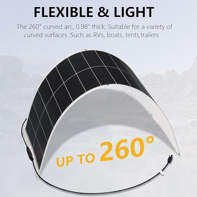 Flexible Solar Panel 100W 12V Monocrystalline Solar Cell Fiberglass Lightweight Bendable Charge for RV Trailer Boat Cabin Van Car Uneven Surfaces (White)