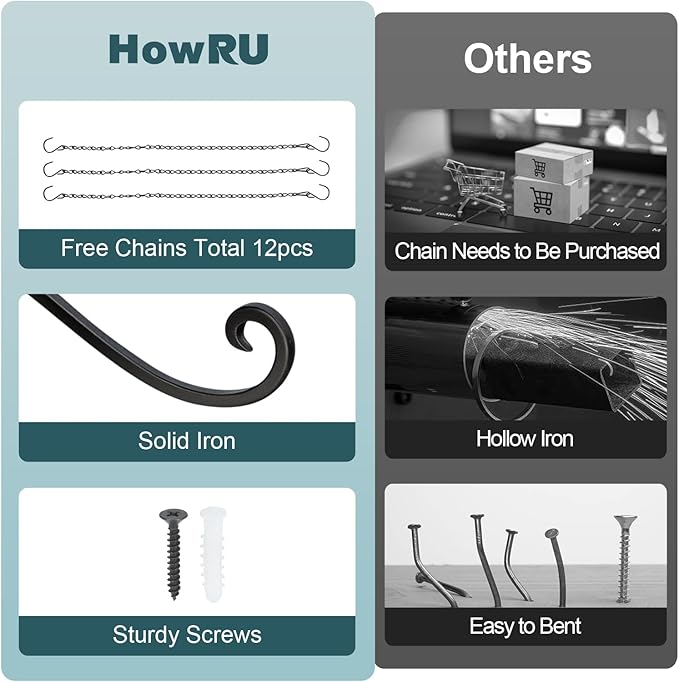 Plant Hangers Outdoor, 4 Pack 16 Inch Plant Hooks with 12 Chains for Wall Metal Plants Hanging Bracket for Bird Feeder, Flower Baskets, Wind Chimes, Lanterns, Indoor Outdoor, Black