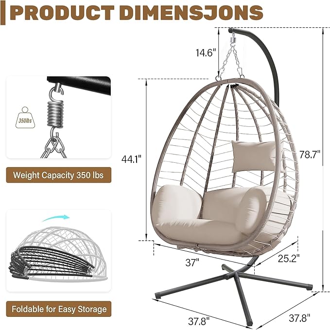 Hanging Egg Chair with Stand, Outdoor Indoor Egg Swing Chair with Cushion Headrest for Patio, Porch, Balcony, Bedroom, 350LBS Capacity (Brown)