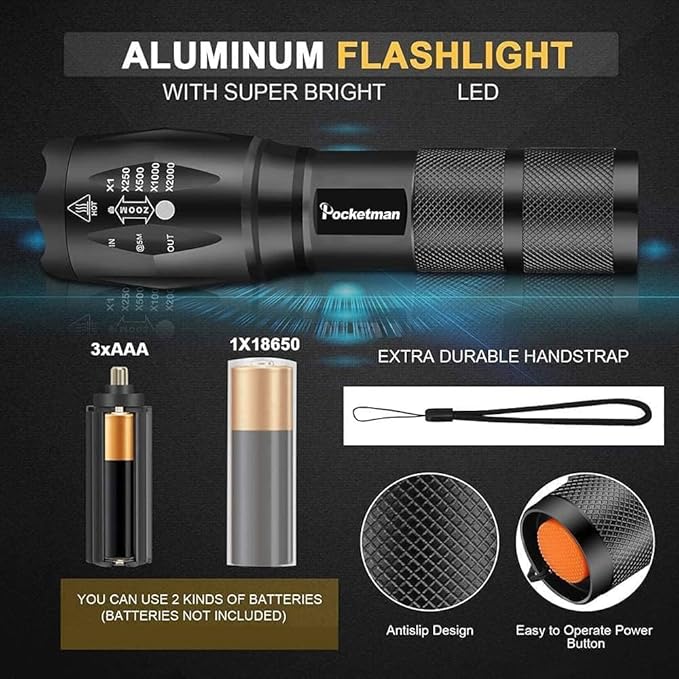 Pocketman LED Tactical Flashlight Super Bright LED Flashlights Portable Outdoor Water Resistant Torch with 5 Light Modes（10Pack）