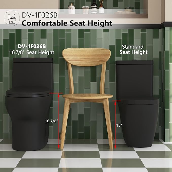 DeerValley DV-1F026B Elongated One Piece Toilet, Dual Flush 1.1/1.6 GPF Toilet with Comfortable Seat Height, Powerful & Quiet Modern Standard Toilet for Bathroom, 12" Rough-In