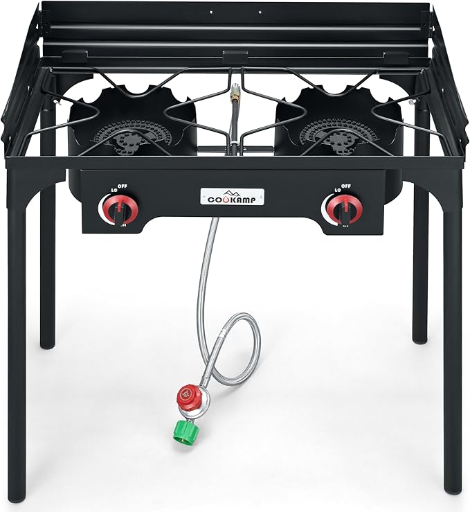 High Pressure Double Propane Burner With Windscreen Outdoor Camping Stove with 0-20 PSI Adjustable Regulator and Steel Braided Hose SA2510 (Two Burner Stove With Windscreen)