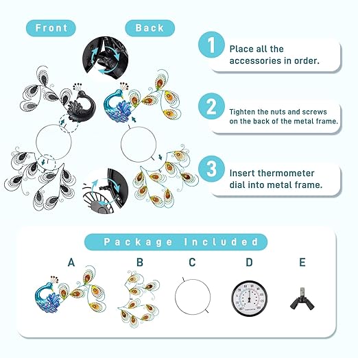 23 inch Outdoor Thermometer, Large Thermometer Outdoor Waterproof, Peacock Decorative Outdoor Thermometers, Outside Thermometer for Patio, Garden, Backyard, Living Room