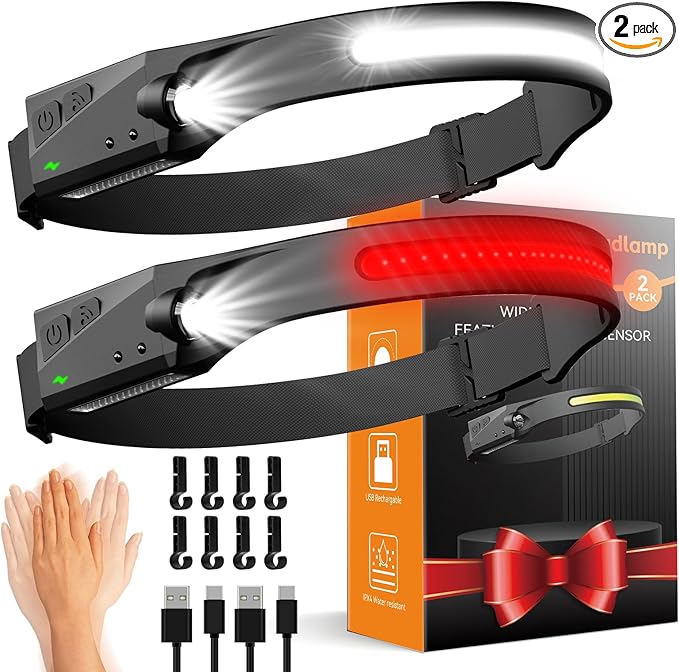 Headlamps Rechargeable with Red Light 2 Pack, 230° Wide Beam Running LED Head Lamp for Adults, Headlights for Head with Motion Sensor, Hard Hat Light Flashlight for Runners, Camping, Hiking, Fishing
