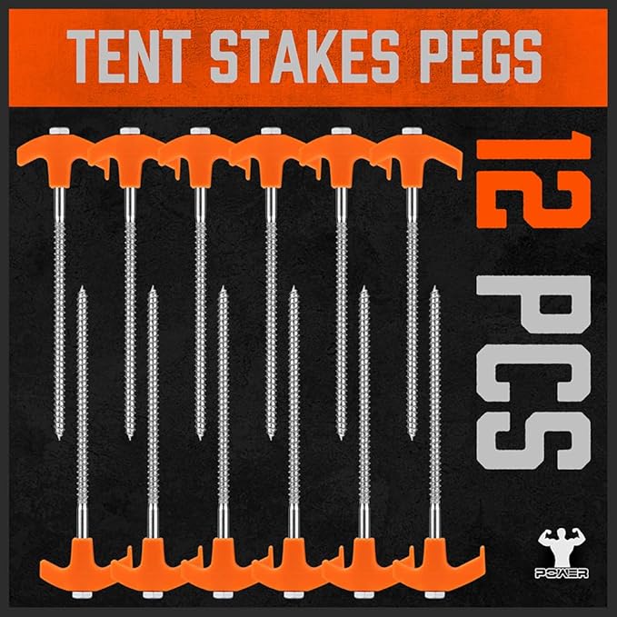 HORUSDY Tent Stakes Heavy Duty, 18-Pack 8.07 Inch Tent Stakes with with 4x13ft Rope & 1 Stopper T Pull Hook