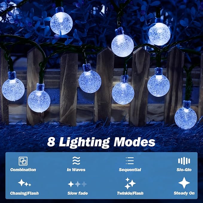Solar Lights Outdoor Waterproof, 2 Pack Total 120LED 72FT Solar String Lights for Outside with 8 Modes, Outdoor String Lights Crystal Globe Patio Lights for Garden Yard Party Decor (Bule)