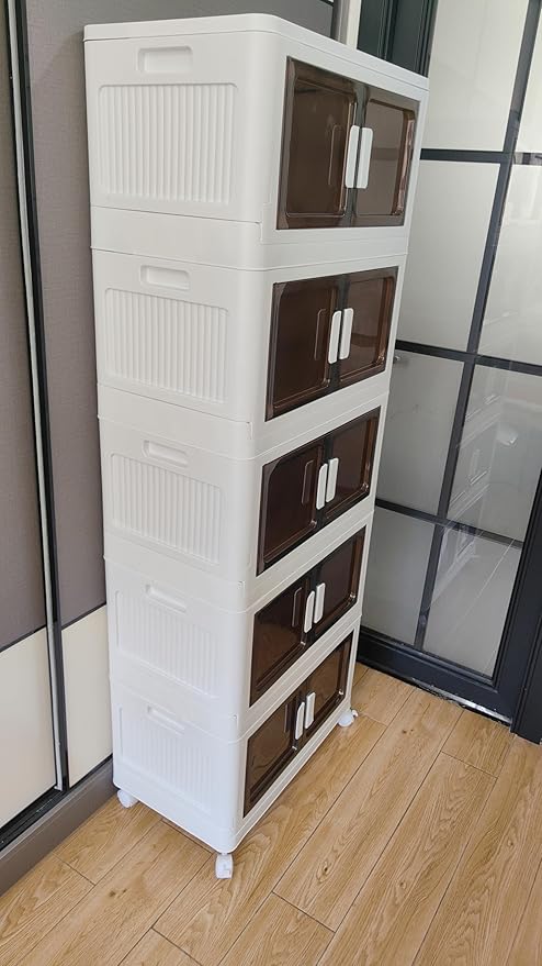 64 Gallons Storage Bins with Lids - Folding Storage box with Doors and Wheels, Collapsible Plastic Storage Bins for Closets, Stackable Storage Organizer (Large-4Tier)