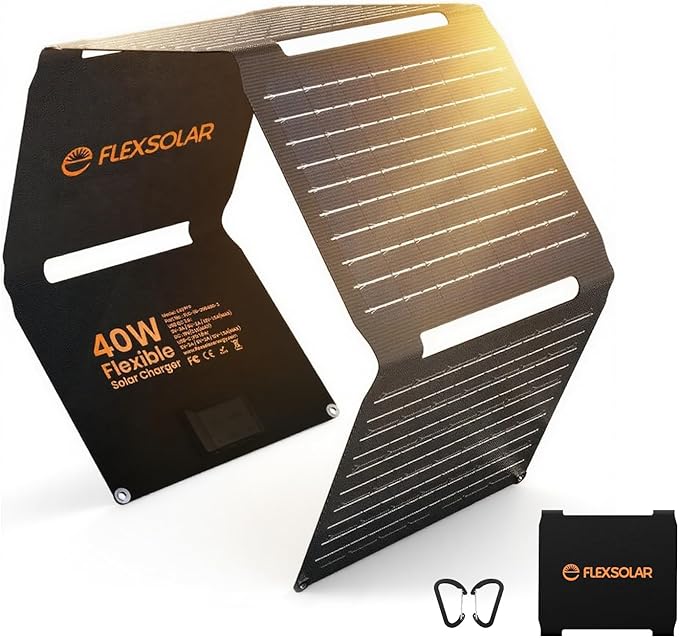FlexSolar 40W Portable Solar Panel Charger - Upgraded Fast Charging with USB-C PD2.0, QC3.0 & 19V DC for Power Stations, Phones, Power Banks, IP67 Waterproof Foldable for Camping, Hiking, RV