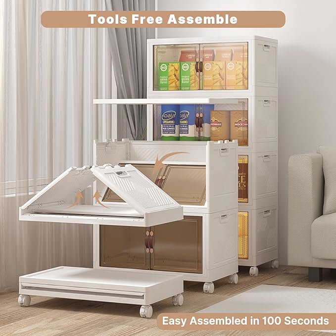 Extra Large Stackable Storage Binswith lids & Wheels, Foldable Collapsible Closet Organizers,480QT-120QT/30GAL*4Pack Plastic Containers with door & drawers for bedroom Dorm