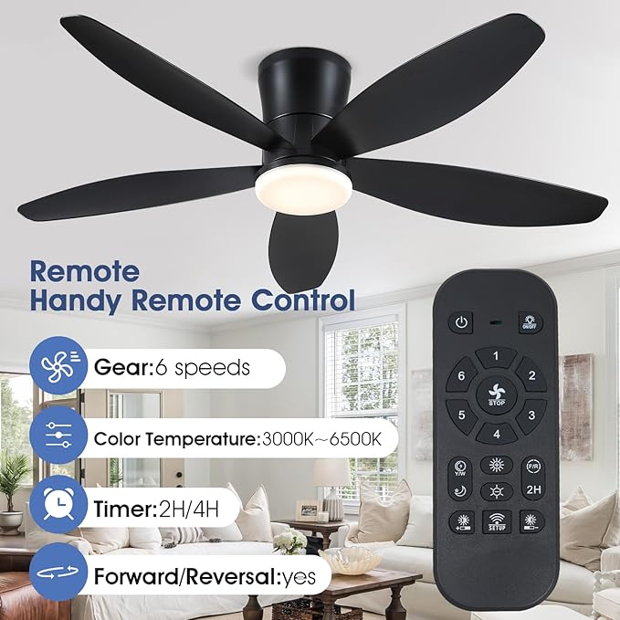 48" Ceiling Fans with Lights-Low Profile Ceiling Fan with Light and Remote/APP Control,Flush Mount,DC Reversible,LED Dimmable Blakc Ceiling Fans for Bedroom,Indoor/Outdoor Patio Use