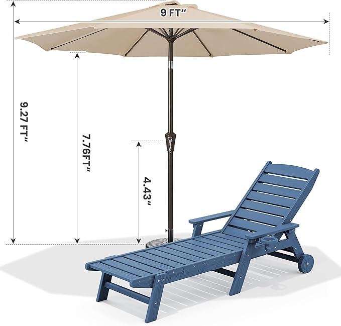 SERWALL Patio Chaise Lounge Chair Set of 2 with 9FT Patio Umbrella, 78'' HDPE Outdoor Lounger 5 Positions Adjustable, Poly Lounge Chair with Rolling Wheels & Cup Holder for Pool,Blue