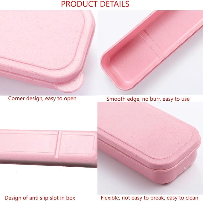 1Pcs Simple Utensil Holder with Lid, Reusable Utensils Wheat Straw Travel Cutlery Box，Portable Flatware Box Travel Tableware Storage Case, Simple Tableware Storage Box Case for Cutlery Kit (Pink)