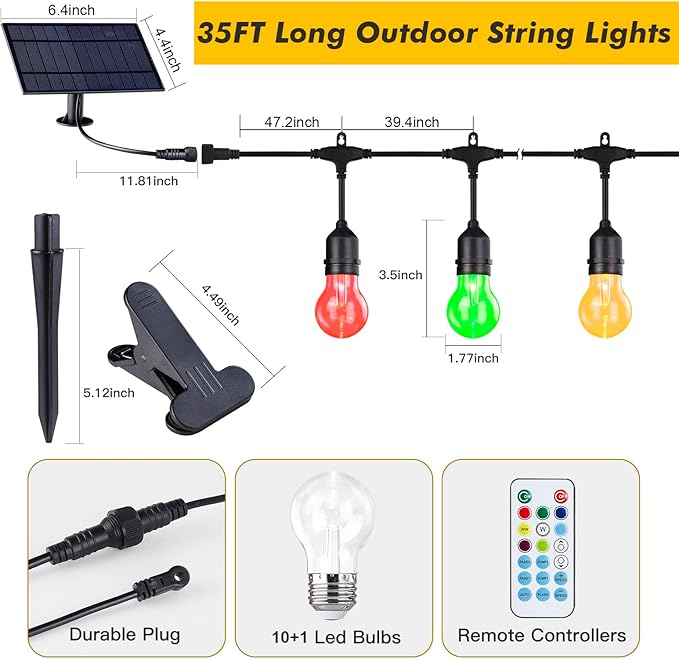 Auroraworld RGB Solar String Lights, 35FT Dimmable Patio String Lights Remote for Cafe