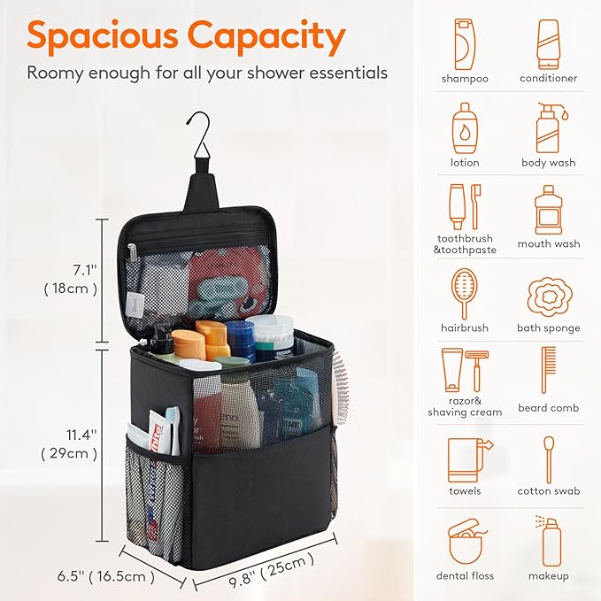 Lifewit Mesh Shower Caddy Bag Portable College Dorm Room Essentials Caddy Tote Basket for Bathroom, Gym, Travel, Camping Quick Dry Hanging Shower Organizer Toiletry Bag for Women Wen, Large, Black
