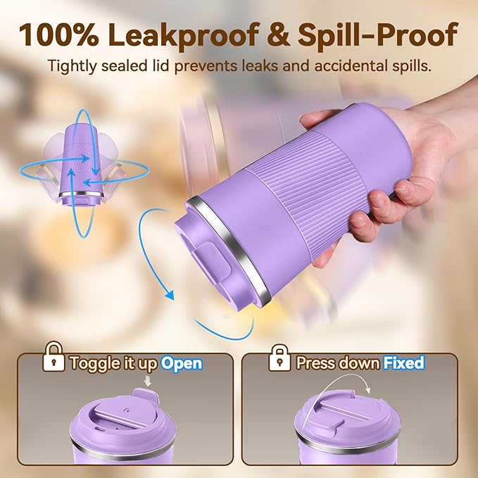 17OZ Travel Coffee Mug Insulated Coffee Cup with Spill Leak Proof Lid, Portable Stainless Steel Tumbler Reusable Hot and Cold Water Mug for Car, Daily, Camping- Purple