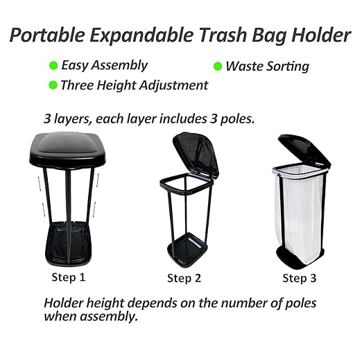 Portable Trash Bag Holder Collapsible Trash can with 25 PCS Drawstring Trash Bags | Expandable Outdoor Waste Bins Camping Accessories for Indoor Outdoor RV Picnic Kitchen Home Use | Black