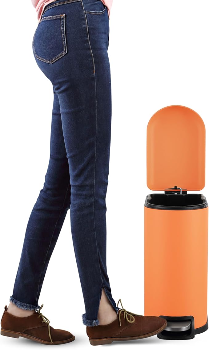 happimess HPM1009K Roland Mini 2.6-Gallon Step-Open Trash Can, Carrot Cake,with Soft-Close Lid, Fingerprint Resistant, Modern, Minimalistic for Home, Kitchen, Laundry Room, Office, Bedroom, Bathroom