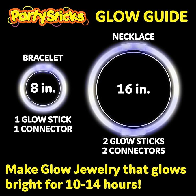 PartySticks Glow Sticks Party Supplies 100pk - 8 Inch Glow in The Dark Light Up Sticks Party Favors, Glow Party Decorations, Neon Party Glow Necklaces Glow Bracelets Connectors (White) (TN-1224962)