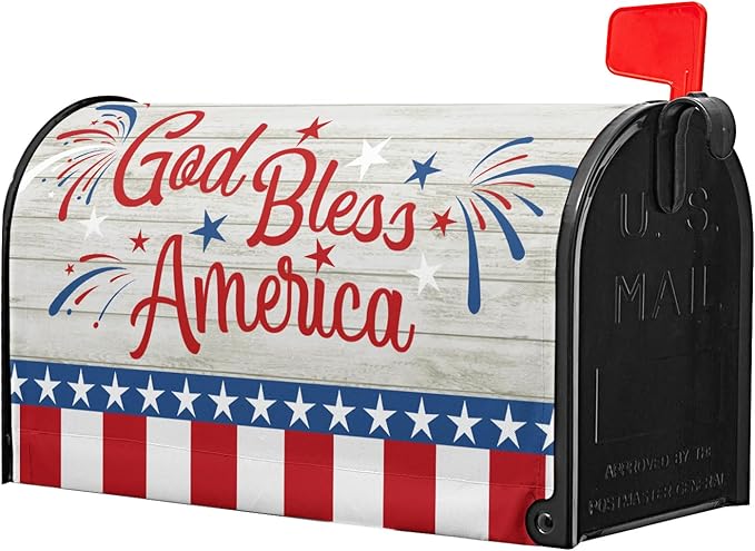 God Bless America Magnetic Mailbox Cover Happy 4th of July Independence Day Post Letter Box Wrap Standard Size 21’’x18’’ Happy Holiday Postbox Covers for Home Outdoor Garden Yard