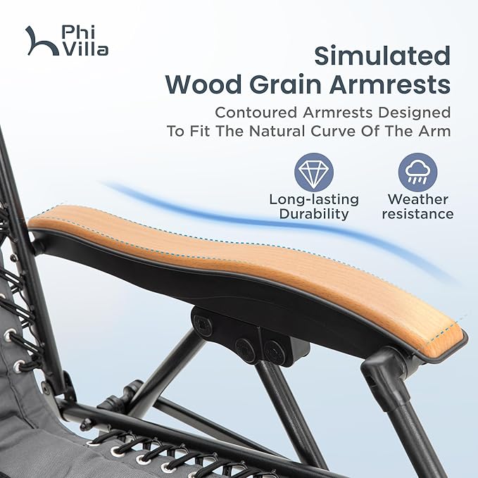 PHI VILLA XXL Oversized Padded Zero Gravity Chair, Foldable Patio Recliner, 30" Wide Seat Anti Gravity Lounger with Cup Holder, Support 400 LBS (Gray)