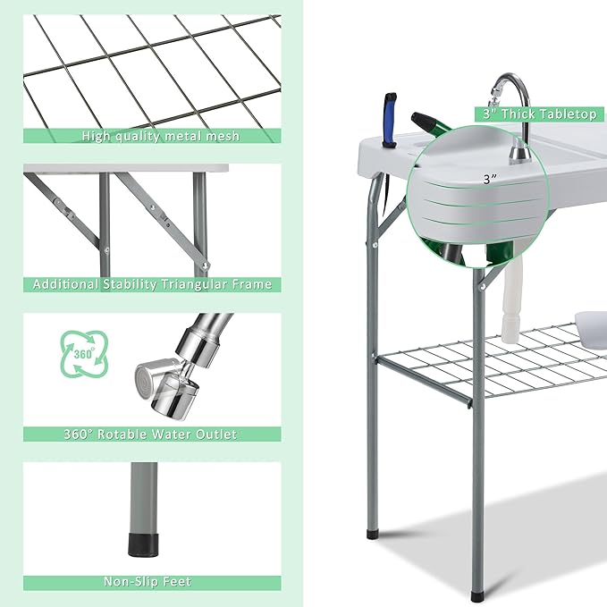 Dragosum Outdoor Sink Fish Cleaning Table Portable Camping Table with Faucet Hose Hook Up Grid Rack, Fish Fillet Camping Sink Table with 7pc Fish Cleaning Kit for Picnic Beach Patio(Grey)