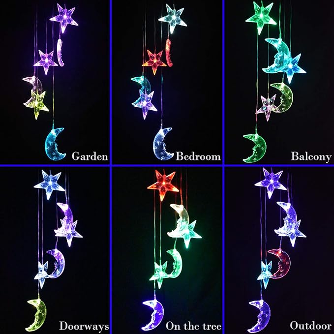 Color Changing Star Moon Solar Wind Chimes Lights Gift Portable Hanging Waterproof Mobile Romantic Wind Bell Outdoor LED Solar Stars Moon Light for Mom Gift Festival Home Patio Yard Garden Decoration